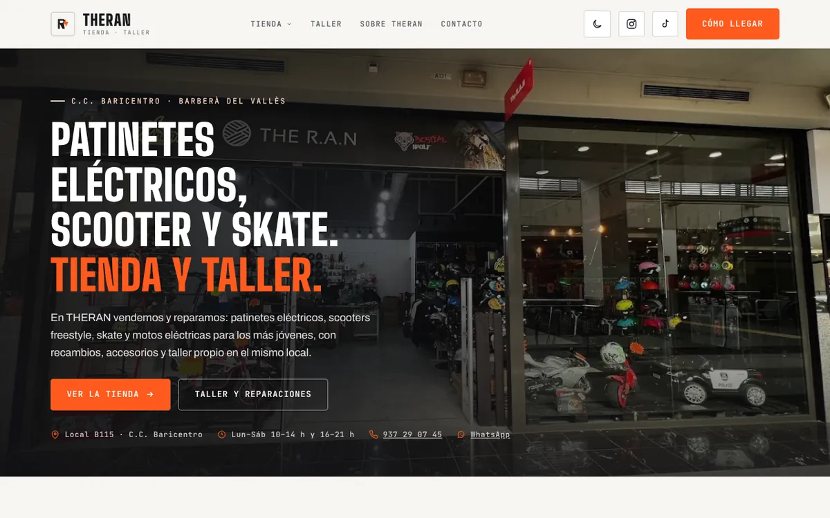 Web de una tienda y taller de patinetes eléctricos, scooter y skate
